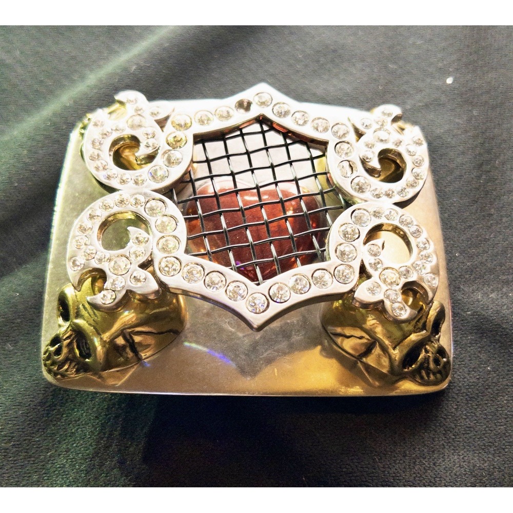 Washed Up Hollywood Gold Skulls Red Heart Mesh‎ Belt Buckle